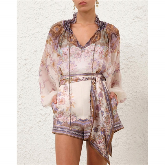 Zimmermann Luna Scarf Tie Shorts, Cream Blue Paisley